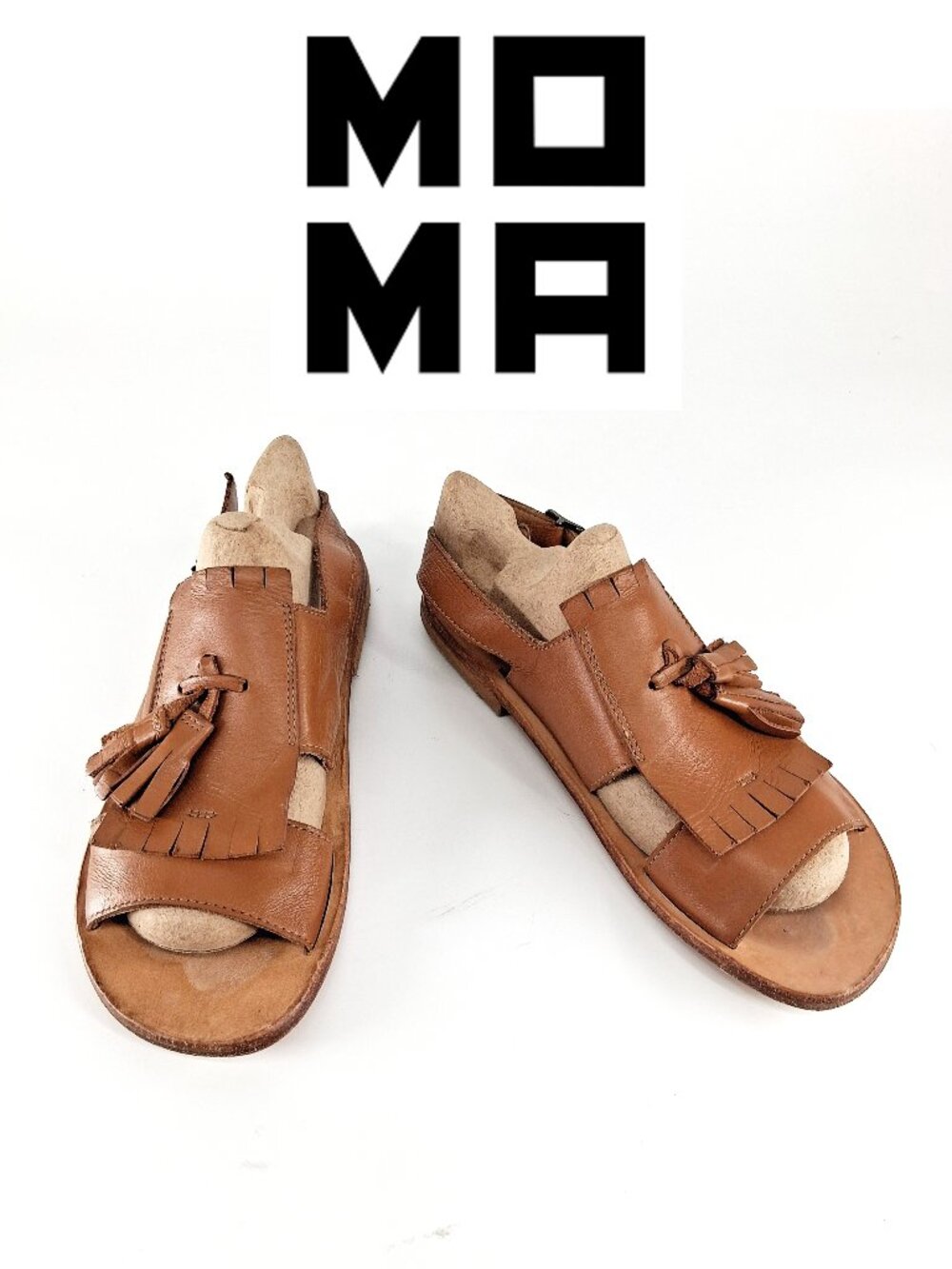 MOMA Leather Kiltie Tassel Slingback Sandals  Open Toe Tan Handmade Italy EU 39